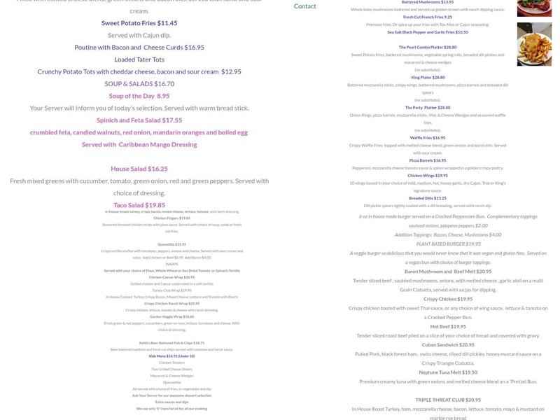 King's Pearl Menu