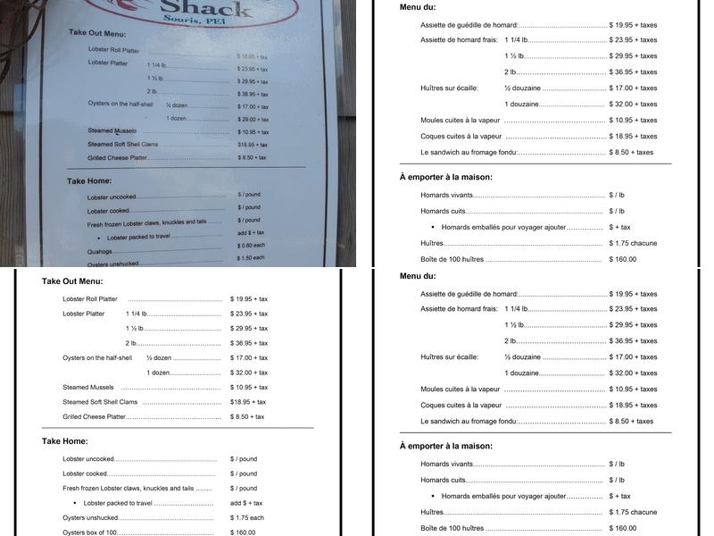 The Lobster Shack Menu