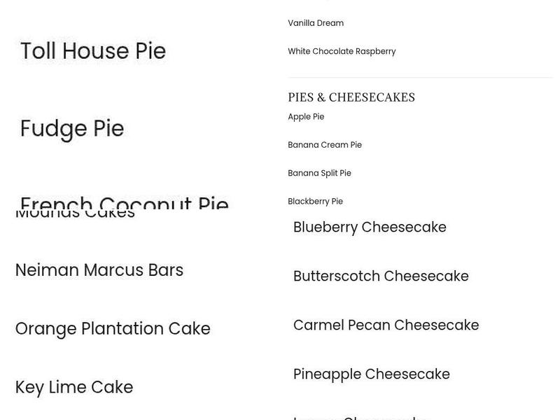 Top of the Ridge Restaurant Menu