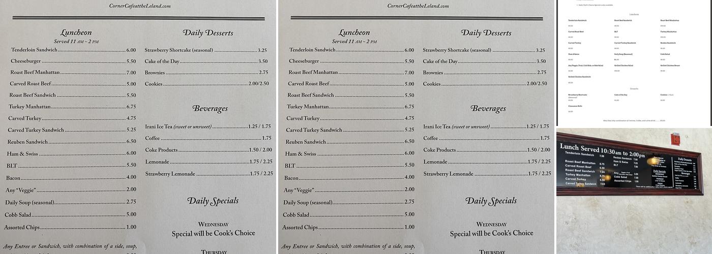 Corner Cafe At The Leland Menu