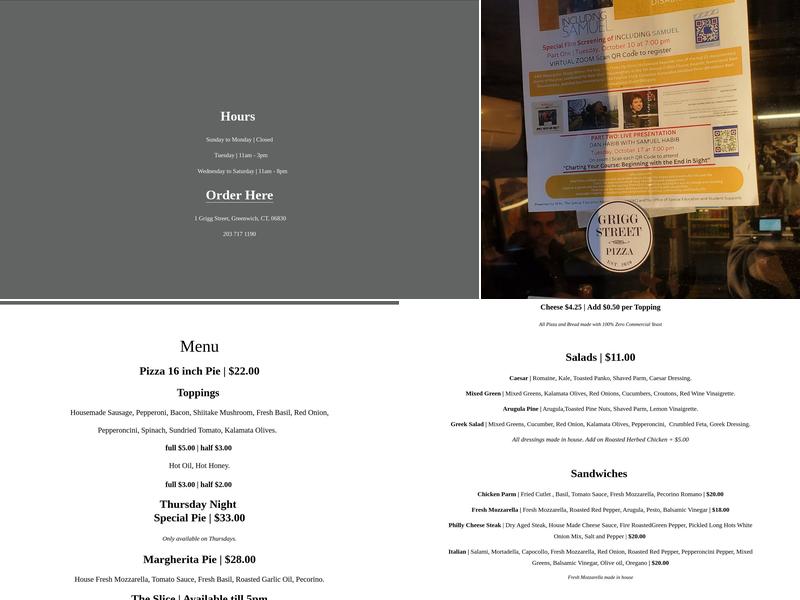 Grigg Street Pizza Menu