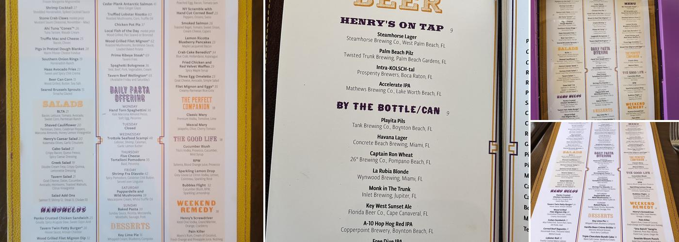Henry's Palm Beach Menu