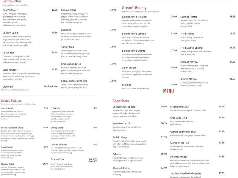 Colin's Seafood & Grill Menu