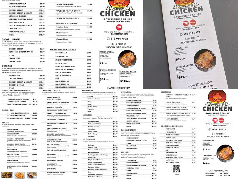 Campestre Chicken Menu