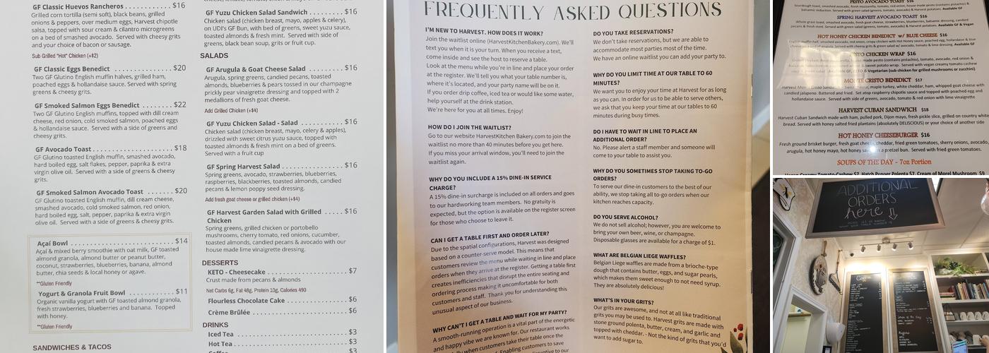 Harvest Kitchen & Bakery Menu