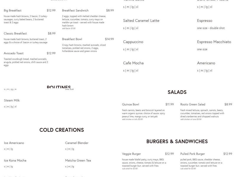 Roots Café Menu