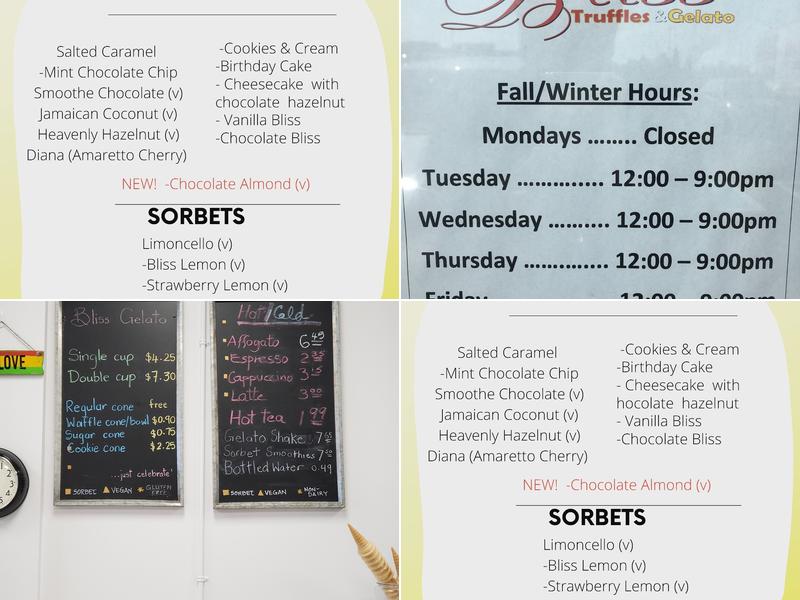 Bliss Gelato Menu
