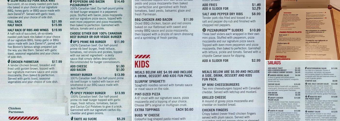 Boston Pizza Menu