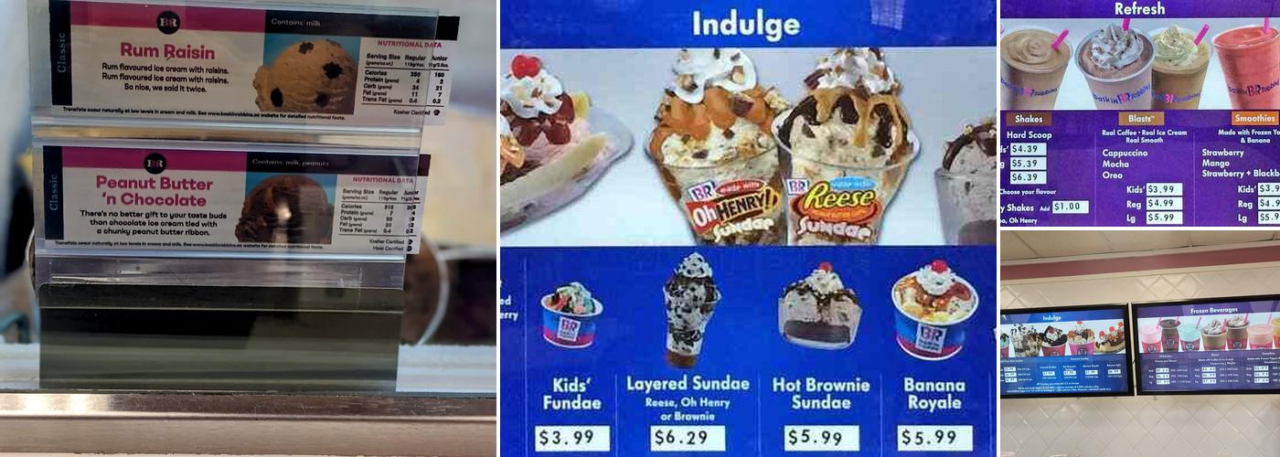 Baskin Robbins & Kernels Popcorn Menu