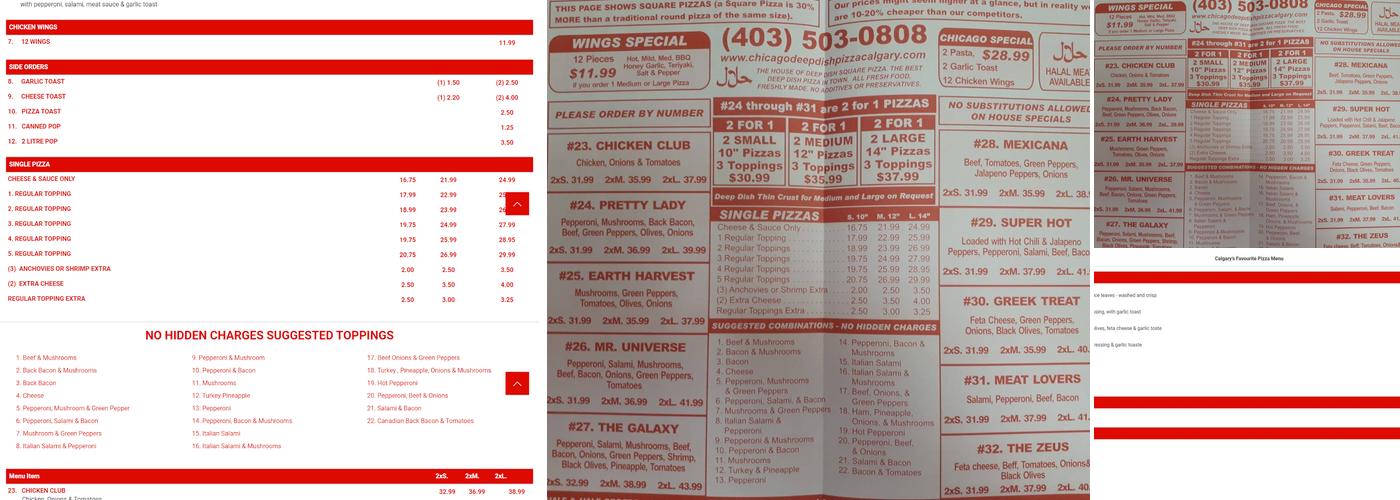 Chicago Deep Dish Pizza Menu