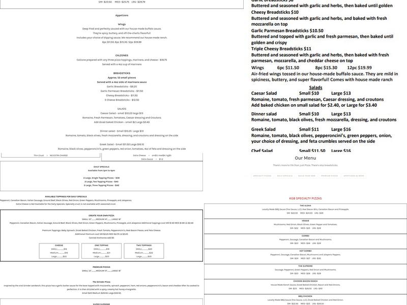 KGB Pizza Menu