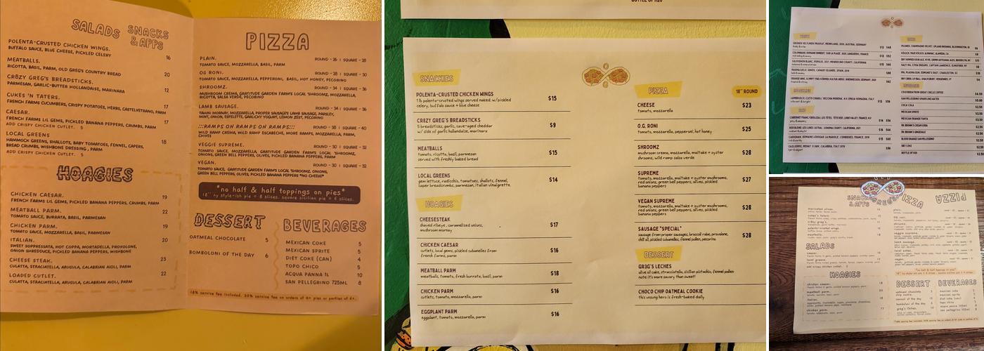 Old Greg's Pizza Menu