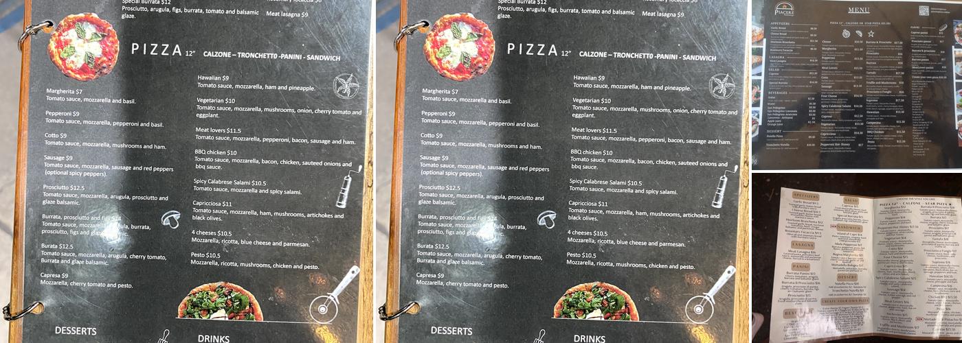 Piacere Wood Fired Pizza Menu