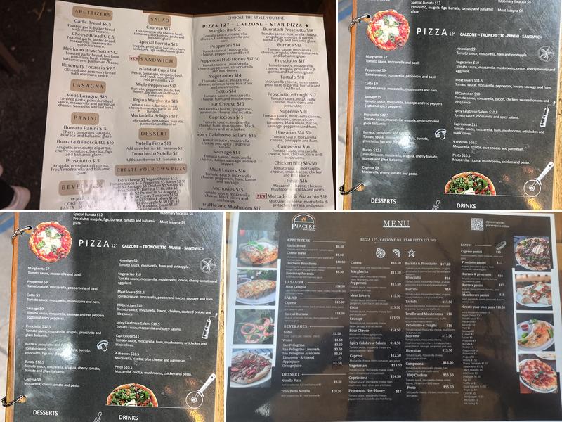 Piacere Wood Fired Pizza Menu