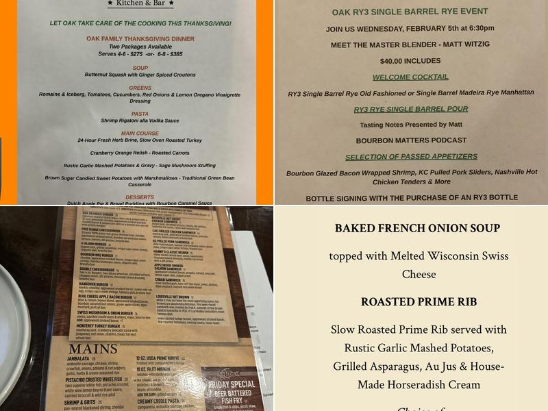 Oak at The Glen Menu