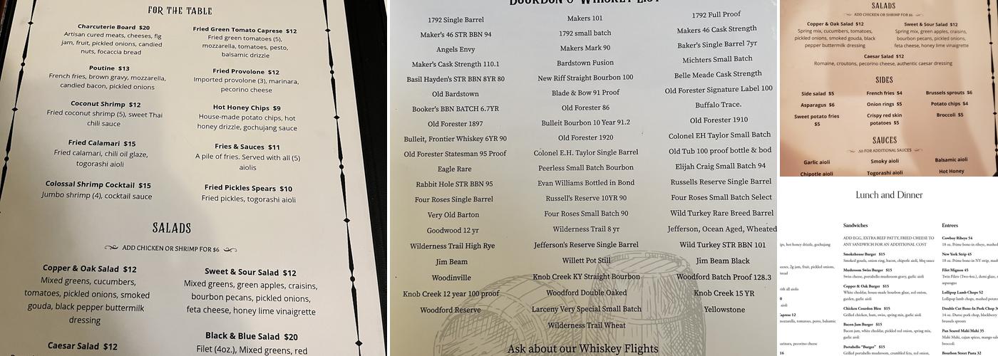 Copper and Oak Menu