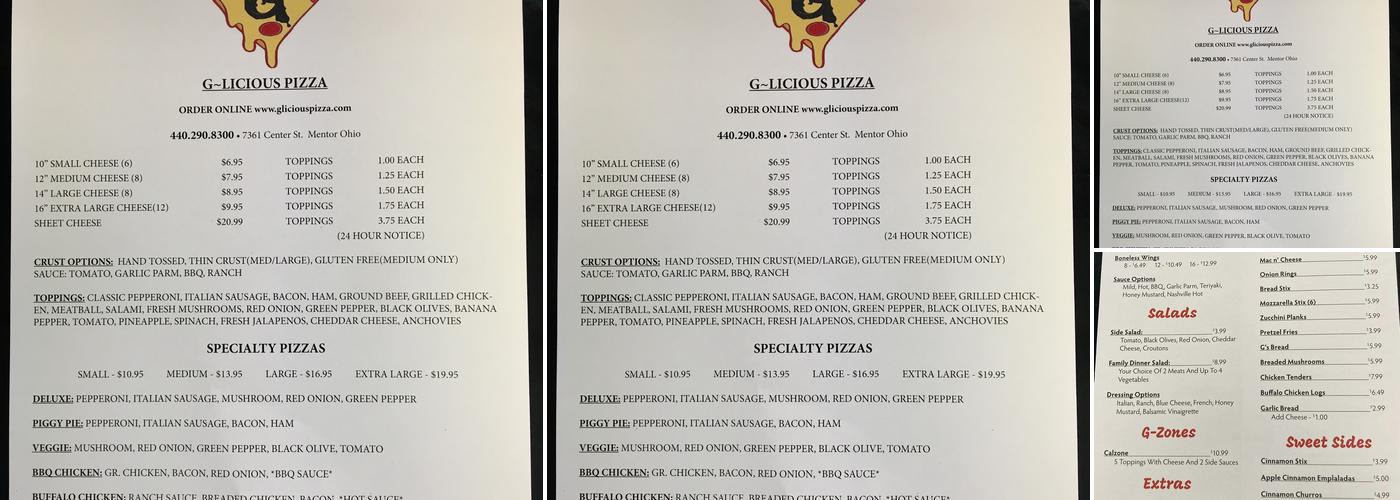 G-licious pizza Menu