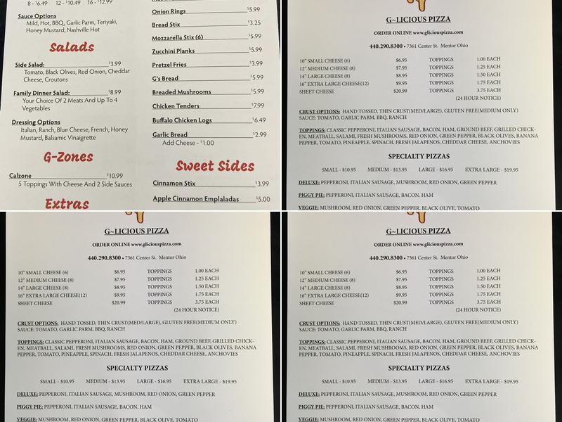 G-licious pizza Menu