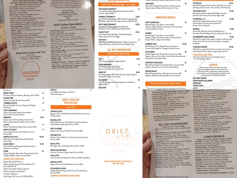 Drift Cafe Menu