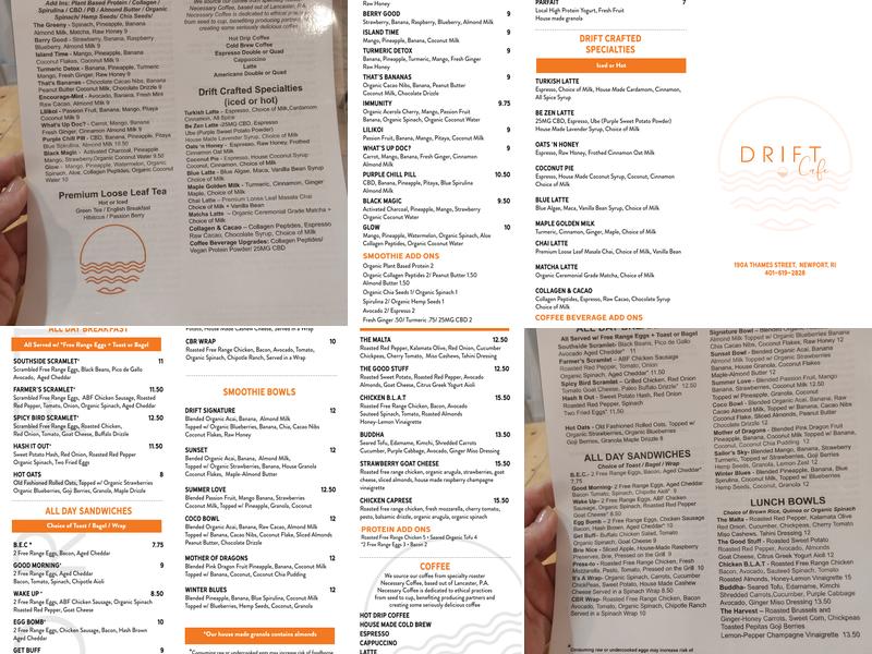 Drift Cafe Menu