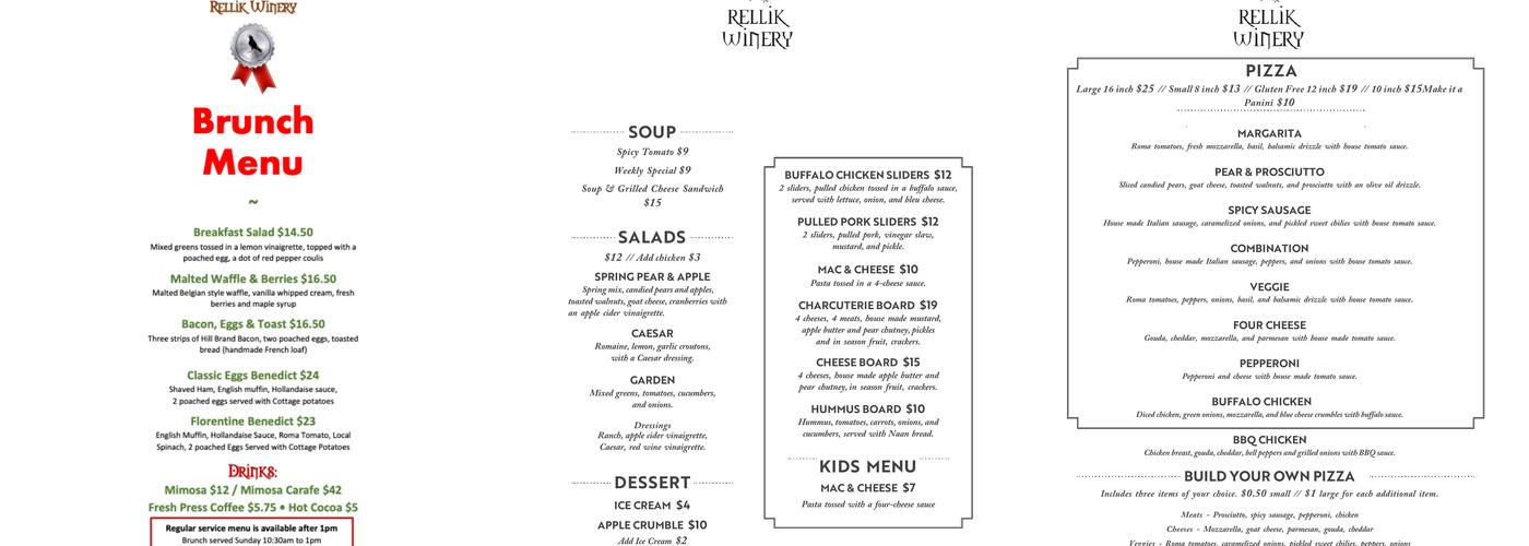 Rellik Winery Menu
