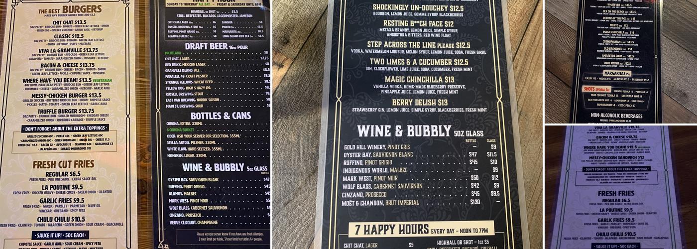 Chit Chat Burger Bar Menu