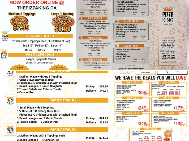 The Pizza King Menu