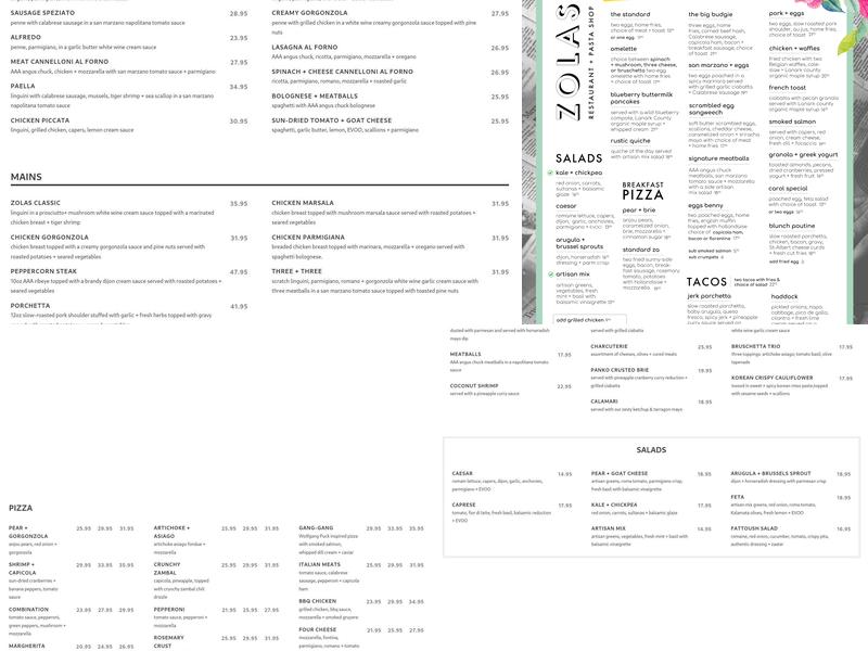 Zolas Restaurant Menu