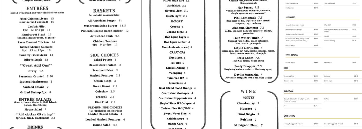 Arrowhead Bar & Grill, Crane Hill Alabama Menu
