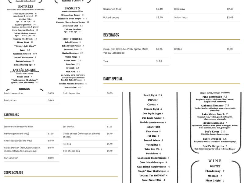 Arrowhead Bar & Grill, Crane Hill Alabama Menu