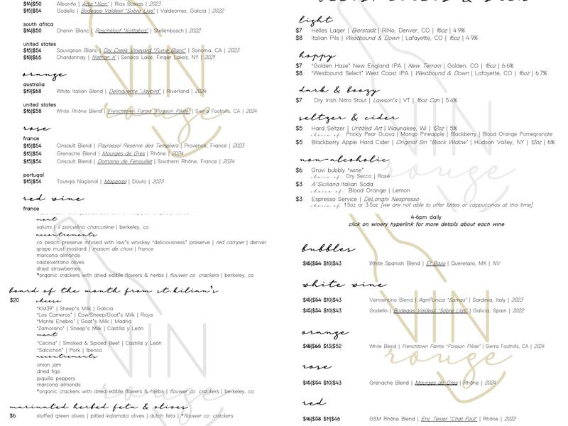 Vin Rouge Wine Bar & Tasting Room Menu