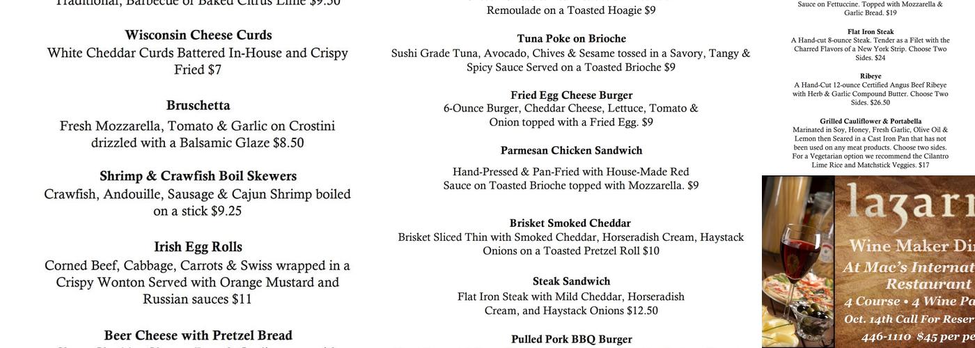 Mac's What's Your Culinary Destination Menu