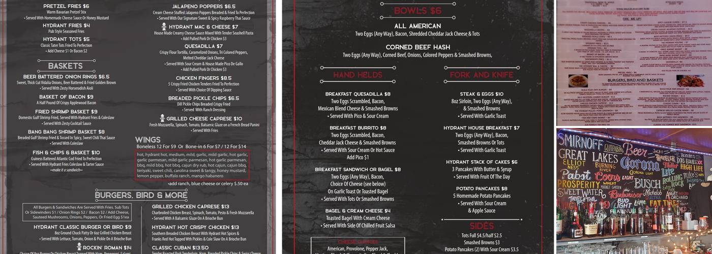 The Hydrant Pub and Grub Menu