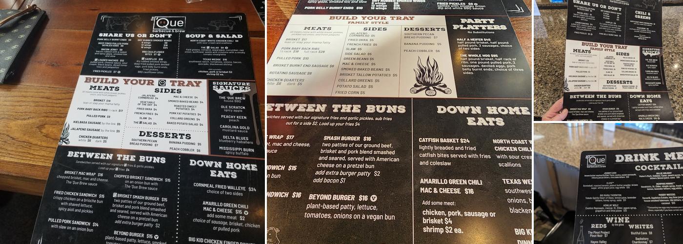 The 'Que Barbecue & Brew Menu
