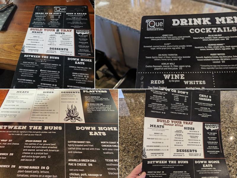 The 'Que Barbecue & Brew Menu