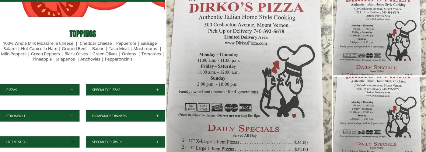 Dirko's Pizza Menu