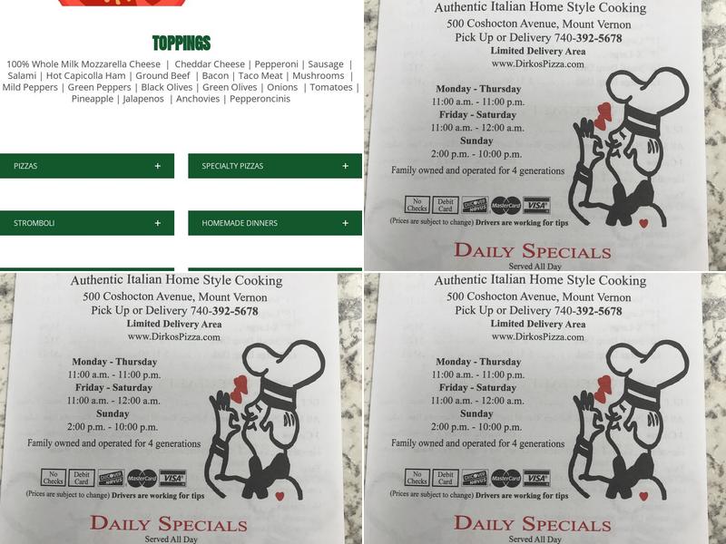Dirko's Pizza Menu