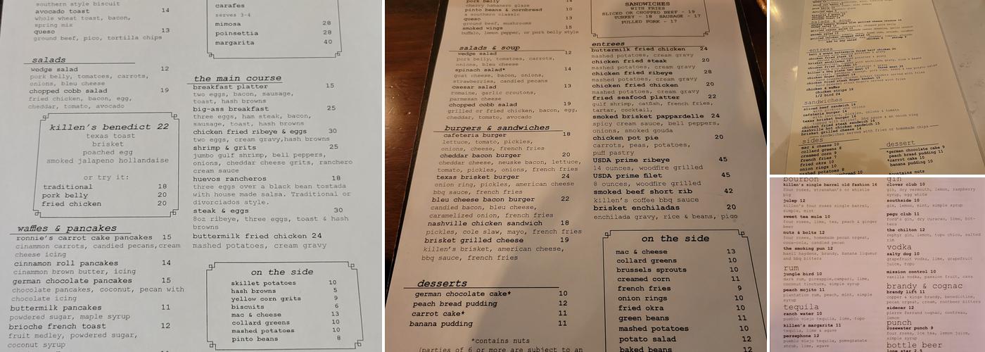 Killen's Menu