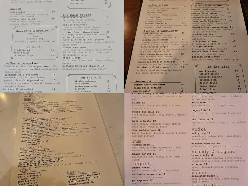 Killen's Menu