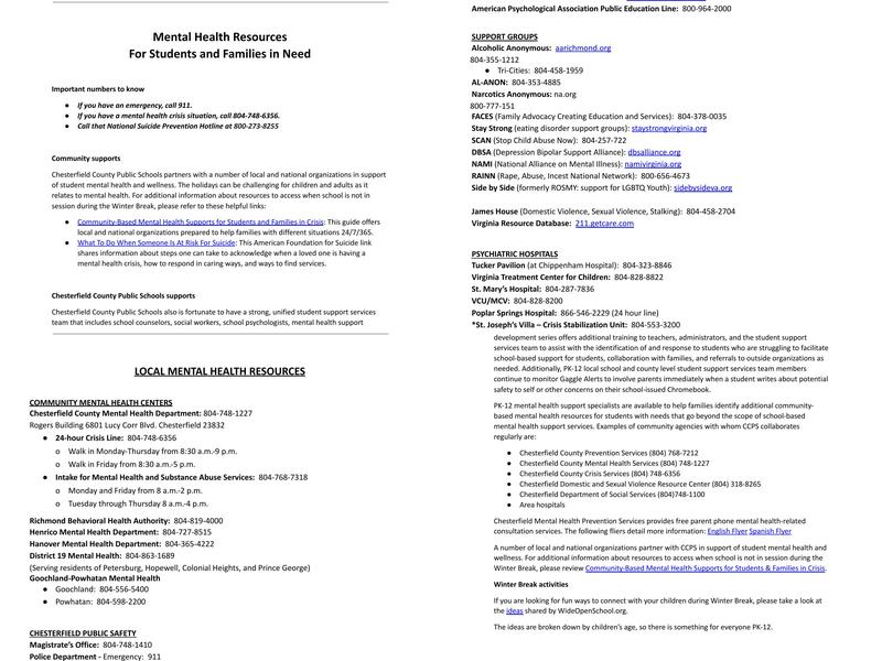 Thomas Dale High School - Main Campus Menu