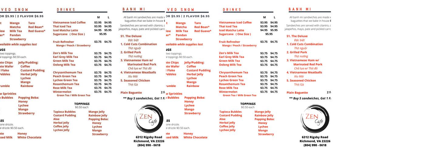 Zen Cafe Menu