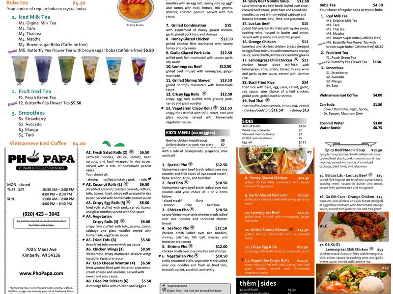 Pho Papa Menu