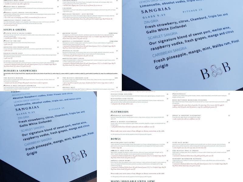 Block & Blade Restaurant and Bar Menu