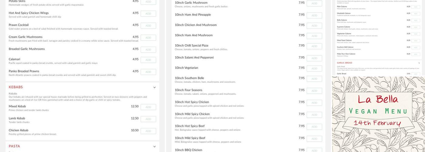 La Bella Restaurant Menu