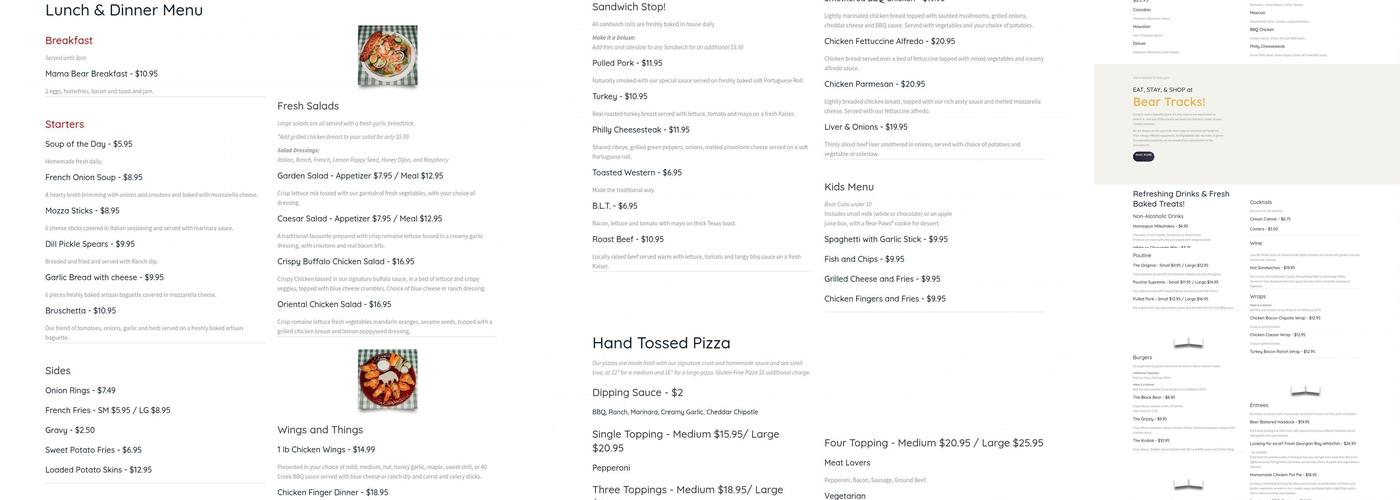 Bear Tracks Inn and Restaurant Menu