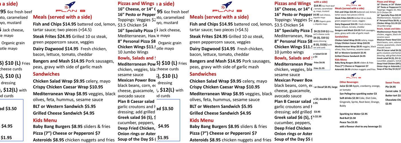Plan B Restaurant and Grill Menu