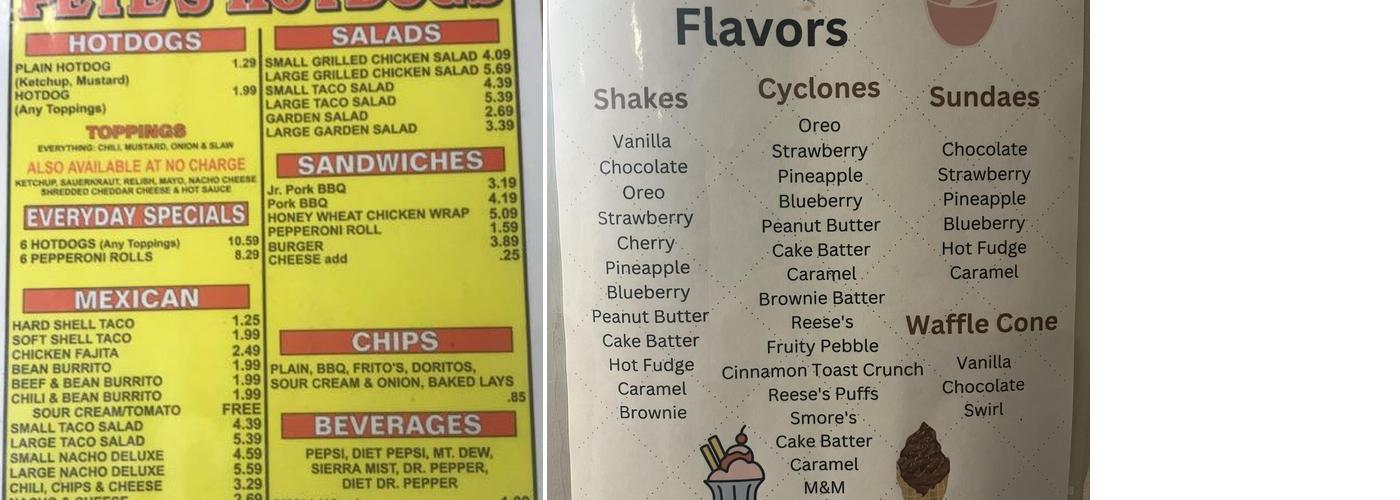 Pete's Hotdogs Menu