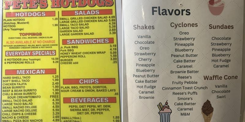 Pete's Hotdogs Menu