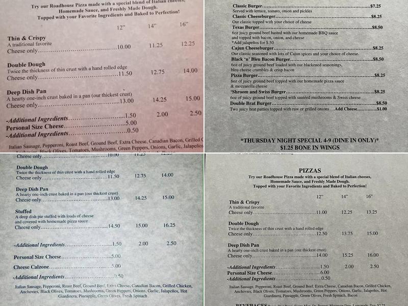 Roadhouse pizzeria and pub Menu