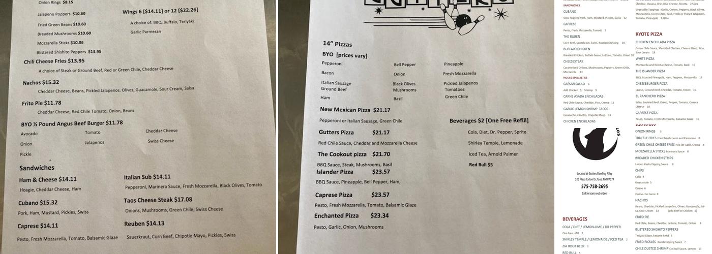 Gutters Bowling Menu